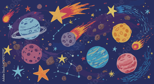 Hand-drawn cosmos illustration featuring planets, stars, and celestial elements