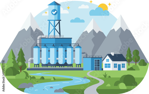 Clean water filtration plant, modern water purification system, mountain landscape, eco-friendly facility, sustainable drinking water, nature and technology integration