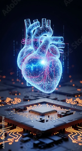 Futuristic glowing heart with digital data and circuit board, medical innovation concept