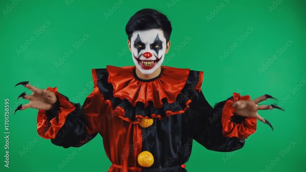A creepy clown with claw hands and sharp teeth on a green screen making ...