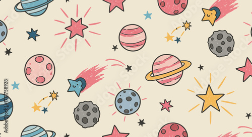 Playful Space Adventure: Hand-Drawn Seamless Pattern of Planets and Stars for Children