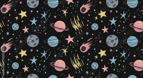 Cosmic Cartoon Space Seamless Pattern with Planets Stars and Comets on Dark Background