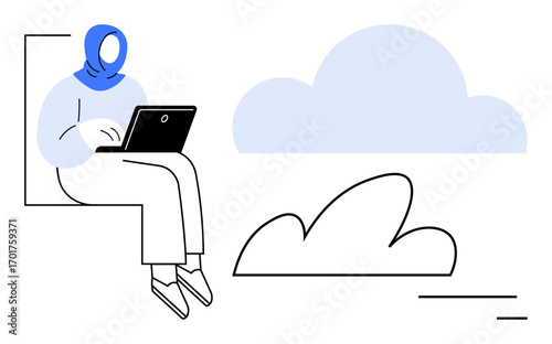 Person in blue headscarf working on laptop, seated above abstract cloud. Ideal for remote work, cloud computing, digital access, freelancing, mobility, technology, simple landing page