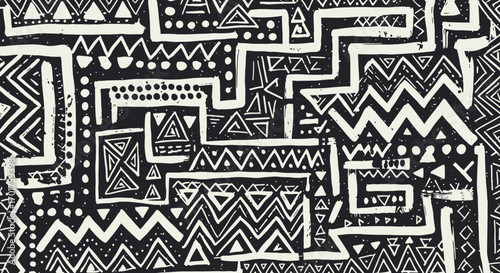 Monochrome ethnic pattern with hand-drawn geometric shapes and tribal design elements