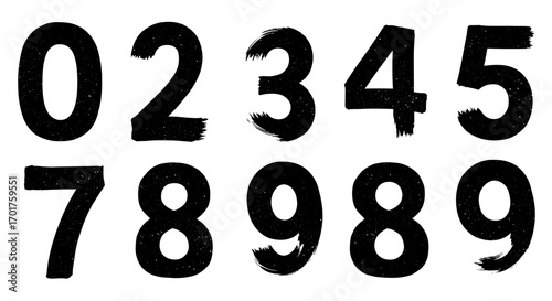Handmade grunge numbers set painted with brush, isolated on white background