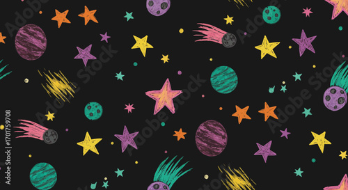 Colorful Space Seamless Pattern with Stars Planets and Comets on Black Background