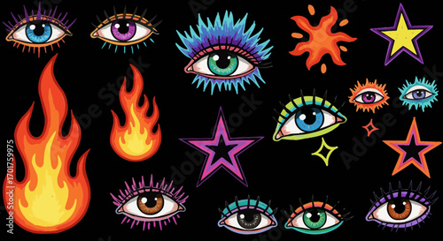 Psychedelic Eye and Flame Pattern with Mystical Stars for Creative Designs