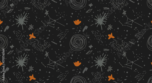 Seamless cosmic pattern with stars constellations and abstract shapes in dark theme