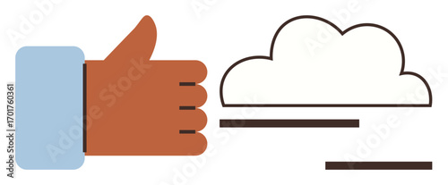 Hand giving thumbs up near cloud with speed lines showcasing success, approval, and progress. Ideal for teamwork, motivation, collaboration, cloud computing, productivity positivity success. Simple