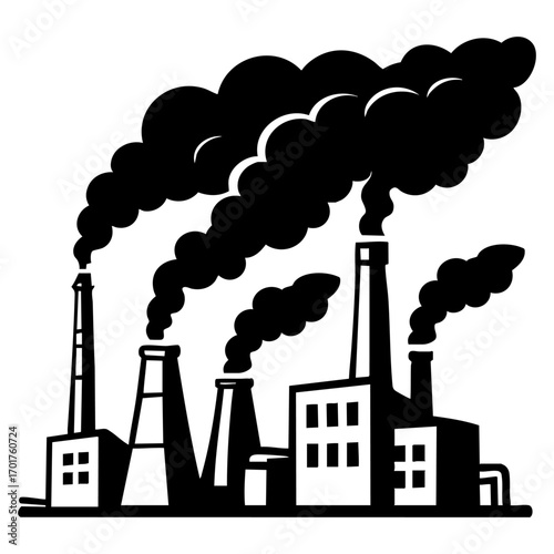 multiple industrial factories with tall chimneys releasing thick dark smoke into the air