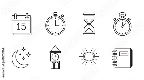 Collection of time and schedule related icons in a simple line art silhouette style