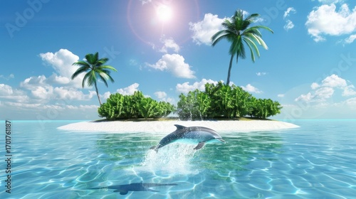 Tropical Island with Palm Trees Dolphins Jumping in Clear Water Sunny Sky