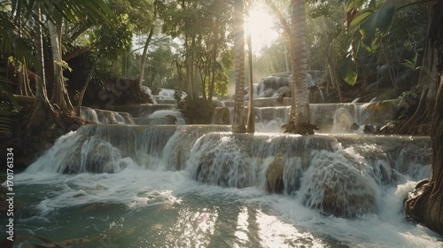Tropical Waterfall Scene in Lush Forest with Sunlight Filtering Through Trees