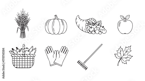 Collection of autumn harvest icons including pumpkin grapes apple rake and leaves silhouette