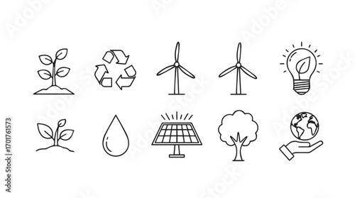 Hand drawn eco friendly icons representing renewable energy and nature silhouette