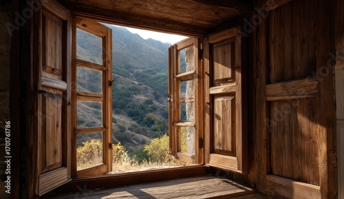Rustic wooden window framing a sunlit mountain landscape view.