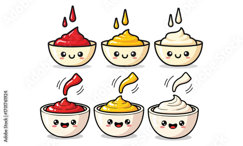 Cute Cartoon Ketchup, Mustard, and Mayonnaise Bowls Set