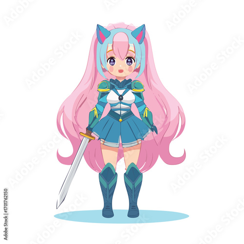 Pastel-Haired Anime Fighter Girl in Blue Armor - AI Generated