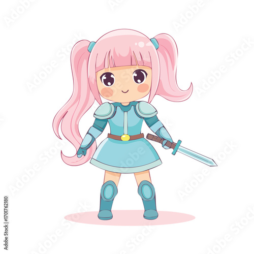 Cute Anime Warrior Girl with Pink Hair and Sword - AI Generated