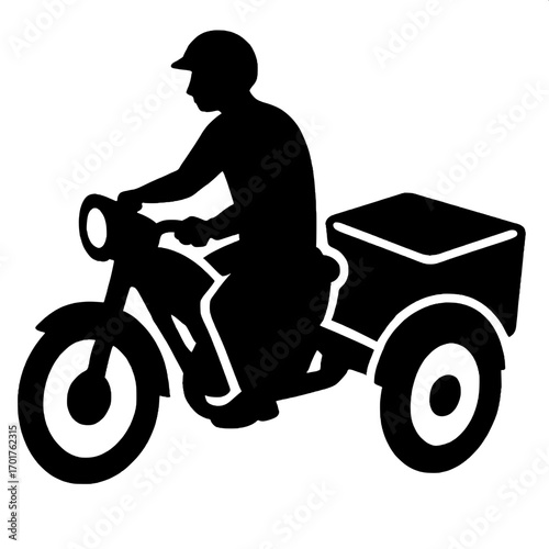 "Flat graphic silhouette of an adult on a motorcycle with a cart attached, profile view, slightly elevated angle, clear and functional representation, black and white only."