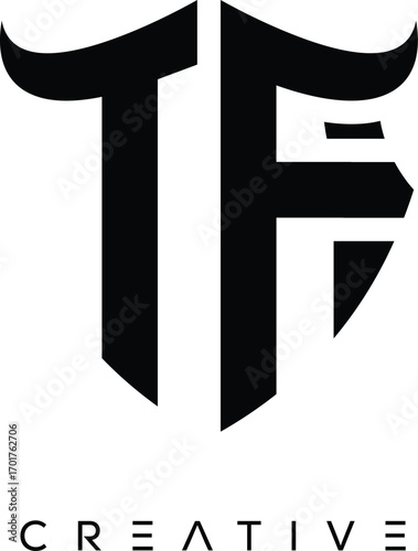 Fotografie TF Shield Monogram Logo with Bull Horn – Bold Emblem Symbol for Security, Protec