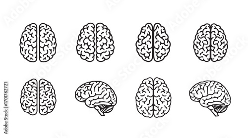 Collection of eight detailed black and white brain silhouettes in various views silhouette