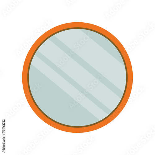 Circular mirror with orange border reflecting soft light, placed against a neutral background
