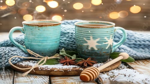 Two Blue Ceramic Coffee Mugs with Snowflake Design on Wooden Table with Honey Dipper and Star Anise