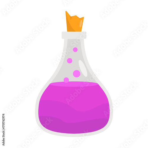 Colorful laboratory flask with bubbling pink liquid and orange cork, set against a simple background