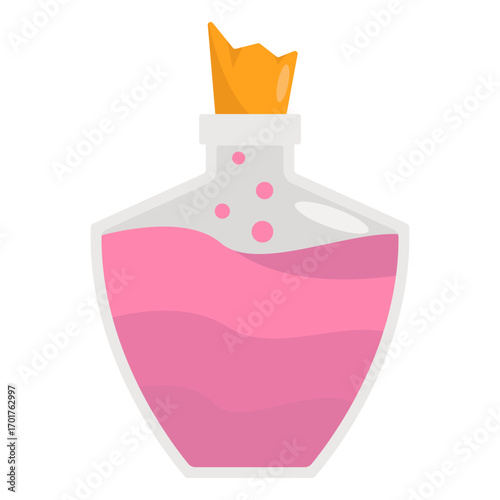 Colorful potion bottle with whimsical design and playful elements against a light backdrop