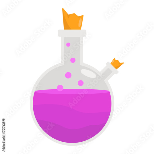 Colorful laboratory flask with orange crystals and pink liquid, symbolizing scientific discovery