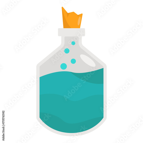 Colorful bottle with orange cap filled with turquoise liquid against a simple background
