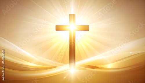Radiant golden cross positioned atop a shimmering golden landscape, bathed in celestial light.