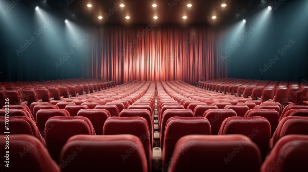 Fototapeta premium Empty seats in the theater with red curtains before the show is about to begin at the performance hall