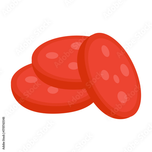 Three vibrant red pepperoni slices stacked on each other, showcasing their rich color and texture