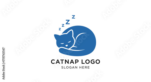 A simple, modern logo design of a blue cat curled up and sleeping peacefully.