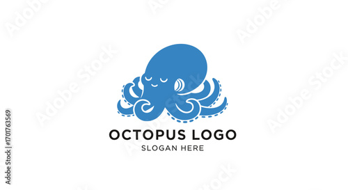 A charming blue cartoon octopus with closed eyes and a gentle smile, its tentacles spread out playfully, presented as a simple, clean logo design.