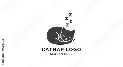 Minimalist logo design featuring a curled up, sleeping cat with "Zzz" symbols above, representing a catnap.