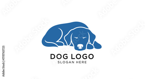 A stylized blue Labrador retriever dog logo design, lying down, simple, minimalist.
