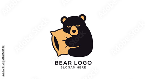 A cute, stylized black bear character with closed eyes is lovingly hugging a soft, golden pillow, conveying a sense of comfort and sleepiness.