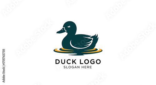 A modern graphic logo featuring a dark teal duck gracefully floating on a golden water surface.
