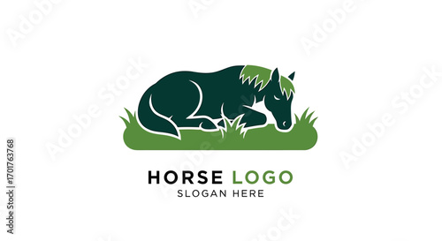 A stylized dark green horse is lying down on a patch of green grass, depicted as a logo or graphic illustration.