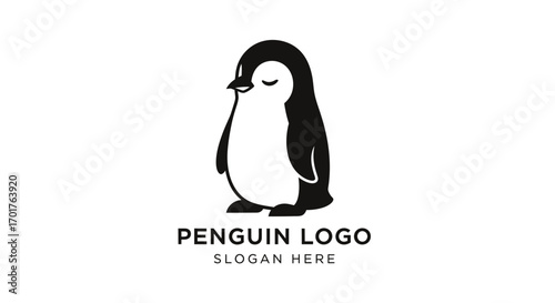 Adorable cartoon penguin logo design, minimalist black and white illustration.