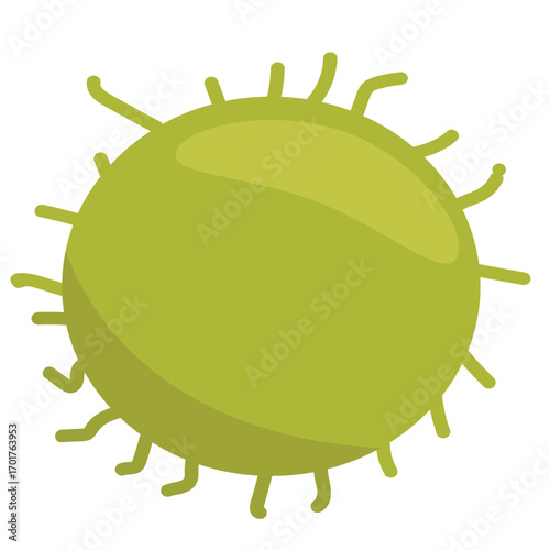 Cartoonish green virus-like character with protruding spikes on a plain background