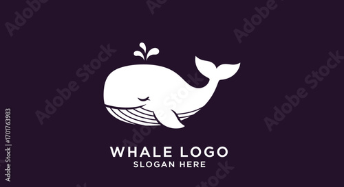 A stylized white whale logo with a spout of water, set against a dark purple background, featuring text for a company name and slogan.