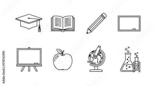 Collection of hand drawn education and school icons in a simple silhouette style