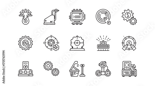 Collection of industrial technology and innovation icons in a clean silhouette style
