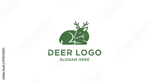 A minimalist dark green deer with small antlers resting, presented as a stylized logo with text "DEER LOGO" and "SLOGAN HERE" on a white background.