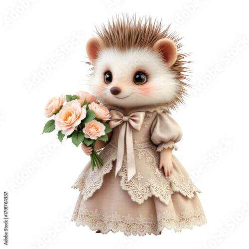 Adorable Hedgehog in Elegant Dress Holding a Bouquet of Roses.