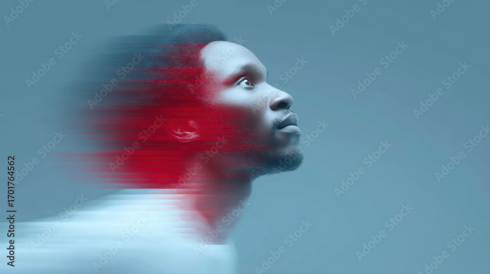 Fototapeta premium A person gazes upwards, with a face morphing in a surreal motion, symbolizing transformation and aspiration, this art evokes a sense of deep introspection and contemplation.